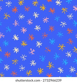 Patrón inconsútil colorido del garabato infantil con los copos de nieve. Dibujado a mano destellos simples y símbolos de asterisco. Patrón sin fisuras divertido infantil funky con impresión caótica dibujada a mano linda.