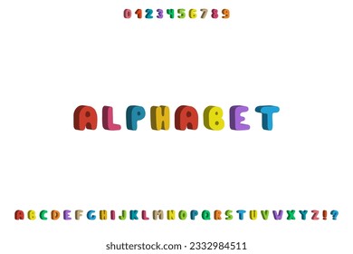 Colorful childish english doodle alphabet. Cartoon cute tree dimensional font. Creative funny latin letters and numerals isolated on white background