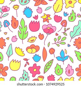 Colorful childish floral drawings seamless pattern, vector