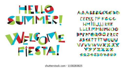 Colorful childish font letter set for fun projects. Alphabet and numerals design elements for header, card, invitation, poster, cover. 
