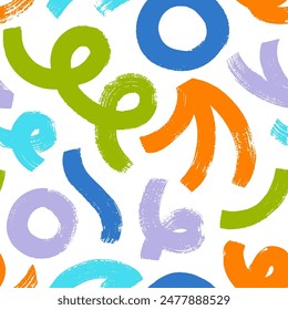 Colorful childish geometric seamless pattern with bold squiggles, curves and circles. Abstract trendy background with grunge doodle shapes. Brush drawn naive geometric elements.