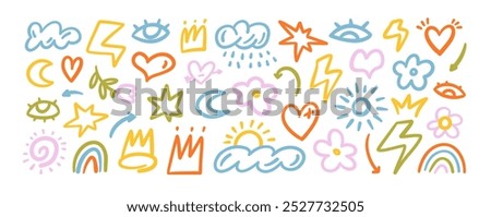 Colorful childish hand drawn doodle collection. Kid's style doodle flowers, crowns, hearts and weather icons. Cute naive vector elements. Outline shapes and figures. Funky drawings.