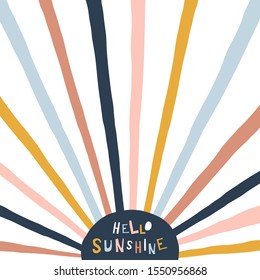 Colorful childish illustration with sun and text. Hello sunshine paper cut style lettering. Typographic print for kids nursery design.