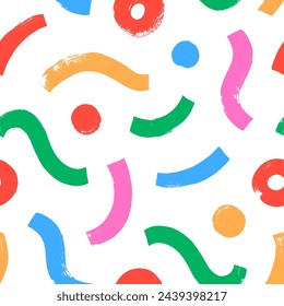 Colorful childish organic geometric shapes seamless pattern. Bold brush drawn curved lines and waves with circles or dots. Abstract modern geometric kid texture in Memphis grunge style.