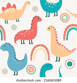 colorful childish pattern with dino and rainbow