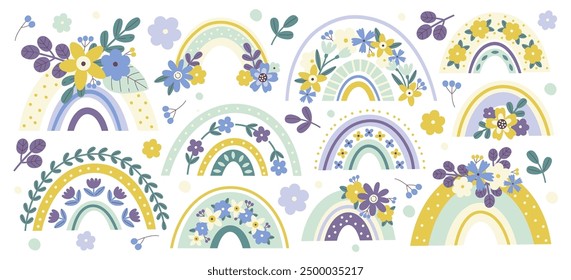 Colorful childish rainbows with flowers blossoms design elements in cute Scandinavian style. Positive dreamlike ornament for baby shower holiday or nursery greeting cards vector illustration