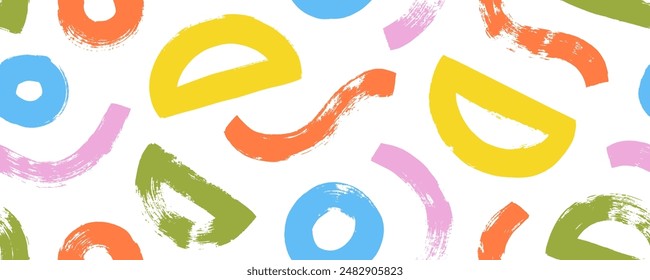 Colorful childish seamless pattern with bold geometric shapes and lines. Brush drawn waves and semicircles. Modern abstract background with bright grunge doodle style elements.