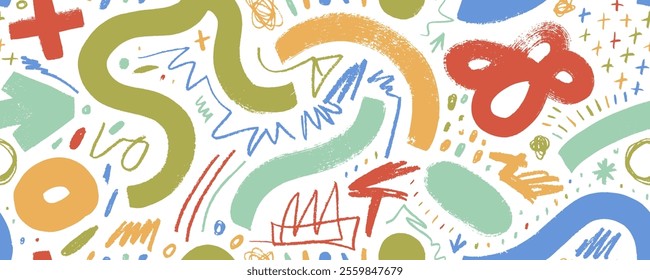 Colorful childish seamless pattern with bold wavy lines and squiggles. Hand drawn background with crayon drawn doodles, thin and thick texture vector lines. Simple childish scribble wallpaper print.