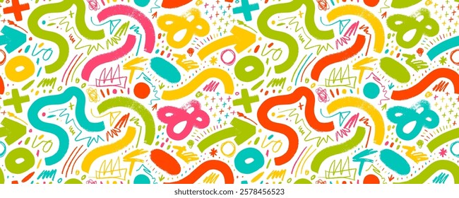 Colorful childish seamless pattern with bold wavy lines and squiggles. Hand drawn background with crayon drawn doodles, thin and thick texture vector lines. Simple childish scribble wallpaper print.