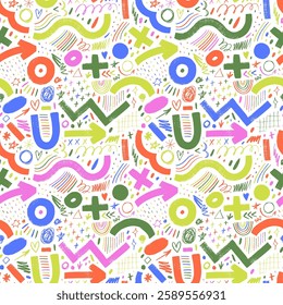 Colorful childish seamless pattern with bold brush strokes and doodles lines. Hand drawn simple childish scribbles, bold wavy brush strokes and geometric shapes. Abstract crayon scribbles.