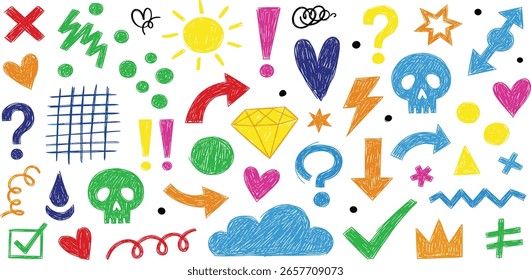 Padrão infantil colorido sem emenda com giz de cera desenhado formas, rabiscos e rabiscos.