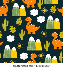 Colorful Childish seamless pattern with dinosaurs, mountains and cactuses. Hand drawn children's pattern for fashion clothes, shirt, fabric. Baby Vector Illustration. Dinosaur pattern vector.