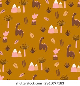 Colorful childish seamless pattern with dinosaurs, volcanoes and palm trees on a brown background. Hand drawn children's pattern for fashion clothes, shirt, fabric. Baby vector illustration. 