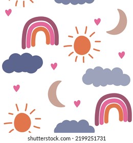 colorful childish seamless pattern with rainbow, clouds and sun. cute nursery design, paper or fabric print