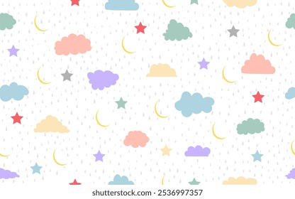 Colorful childish seamless pattern stars moons clouds rains ornates ornamental decorative playful texture fabric textile paper print packaging wrapping bed linen