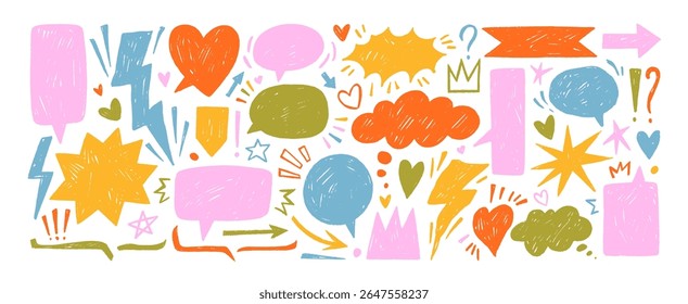 Colorful childish speech bubbles and doodle icons drawn with crayon. Comic talk balloon vector set. Hand drawn multi colored pencil talk balloons, cute expression signs, lightning, cloud, arrow, heart