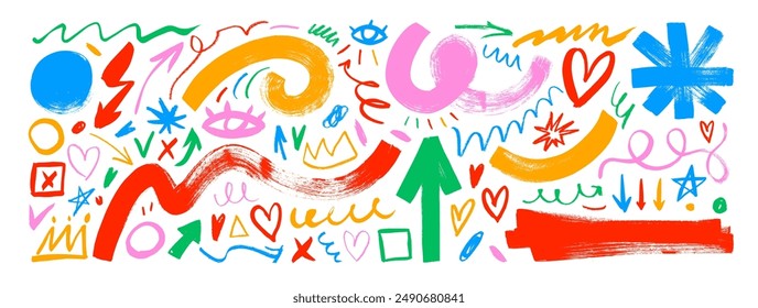 Colorful childish style crayon doodles collection. Hand drawn y2k abstract scribbles and squiggles, creative various shapes. Marker scribble sticker, crayon wax paint. Spiral, stars, crowns.