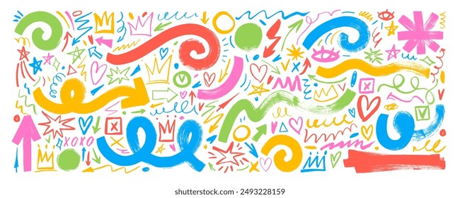Colorful childish style crayon doodles collection. Hand drawn y2k abstract scribbles and squiggles, creative various shapes. Marker scribble sticker, crayon wax paint. Spiral, stars, crowns.