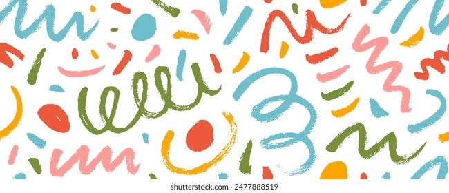 Colorful childish style doodle seamless pattern. Brush drawn squiggles and scribbles with dots, circles and short strokes. Rough colored crayon spiral strokes, various squiggles, confetti style.