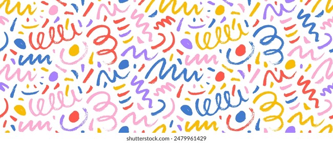 Colorful childish style doodle seamless pattern. Brush drawn squiggles and scribbles with dots, circles and short strokes. Rough colored crayon spiral strokes, various squiggles, confetti style.