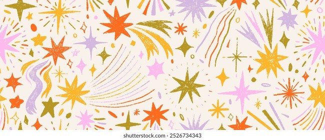 Colorful childish style seamless pattern with stars and comets drawn by a crayon. Starry sky seamless pattern in doodle style. Childish drawing cosmic illustration with cute doodle stars.