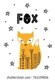 Colorful childish vector card. Lettering with illustration in Scandinavian style. Creative poster with fox and phrase.