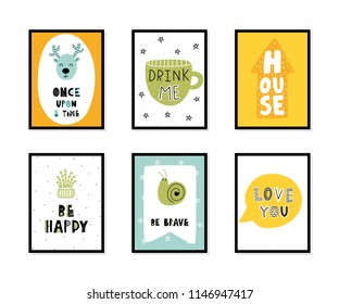 Colorful childish vector cards collection. Lettering with illustration in Scandinavian style. Creative interior posters with pictures and phrases.