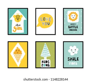 Colorful childish vector cards collection. Lettering with illustration in Scandinavian style. Creative interior posters with pictures and phrases.