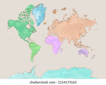 colorful childish watercolor world map with outline, vector illustration