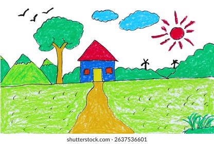 Colorful childlike crayon doodles of animals, nature, objects like cat, boat, fish. Kids art