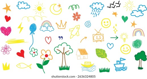 Colorful childlike doodle collection. Cute hand drawn elements like heart, star, rainbow, flower, leaf, cloud, sun, moon etc on White Background.