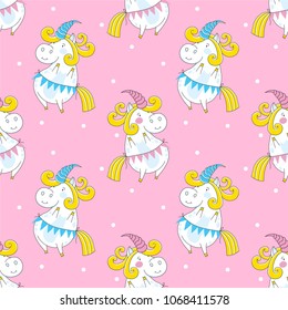 Colorful childlike seamless pattern with funny unicorns on pink background. Vector pattern