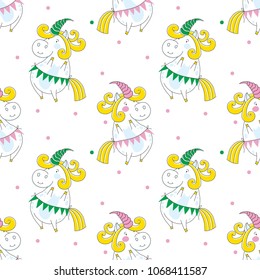 Colorful childlike seamless pattern with funny unicorns on white background. Vector pattern