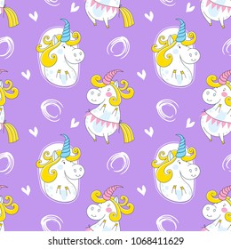 Colorful childlike seamless pattern with funny unicorns on lilac background. Vector pattern