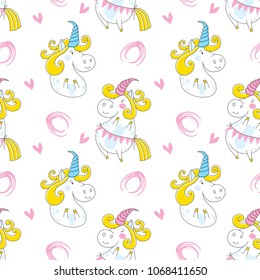 Colorful childlike seamless pattern with funny unicorns on white background. Vector pattern