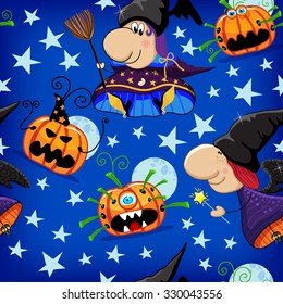 Colorful childlike seamless pattern with witches and pumpkins, stars. Vector pattern