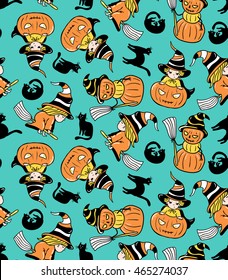 Colorful childlike seamless pattern with witches and pumpkins. Vector halloween pattern.
