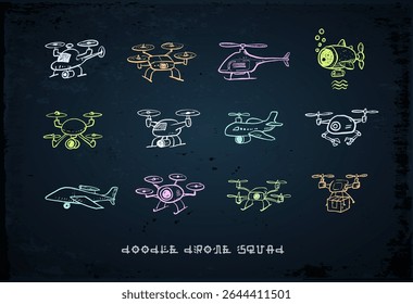 Colorful childlike vector doodles of drones: delivery, underwater, quadcopter, airplane, helicopter, and surveillance on dark background