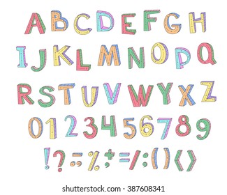 Colorful children ABC with numbers  and symbols  for decoration of kids  illustrations, websites, posters, comics and banners. Vector illustration.