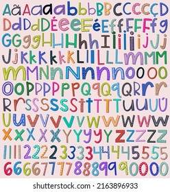 Colorful Children Alphabet. Each letter and numbers with different styles.