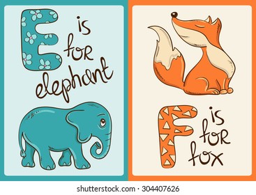 Colorful children alphabet with funny cartoon animals. Isolated cards with letter E and F. Elephant and fox. Learn to read.