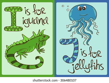 Colorful children alphabet with funny cartoon animals. Isolated cards with letter I and J. Iguana and jellyfish. Learn to read.