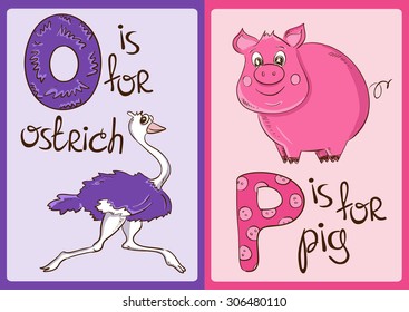 Colorful children alphabet with funny cartoon animals. Isolated cards with letter O and P. Ostrich and pig. Learn to read.