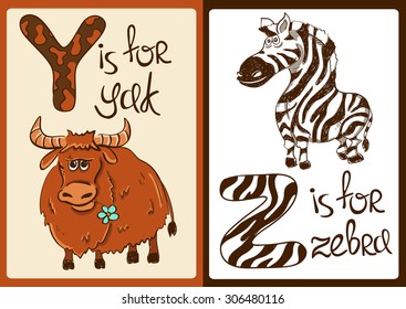 Colorful children alphabet with funny cartoon animals. Isolated cards with letter Y and Z. Yak and zebra. Learn to read.