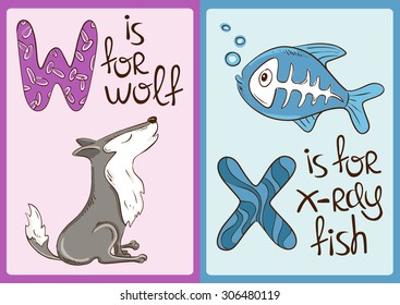 Colorful children alphabet with funny cartoon animals. Isolated cards with letter W and X. Wolf and X-ray fish. Learn to read.