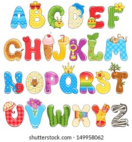 Colorful children alphabet spelled out with different fun cartoon.
