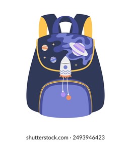 Colorful children backpack with Cosmic design. Girls and boys bag with spaceship, planets, stars. Kids backpack, Blue yellow childish boys knapsack. Back to school concept. Vector flat illustration.