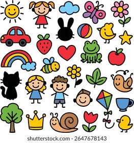 Colorful Children Cartoon Icon Collection – Doodle Style Kids, Animals, and Nature Symbols

