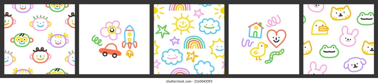 Colorful children cartoon seamless pattern collection. Set of funny line doodle decoration background. Simple kid art bundle includes child character, animal and nature symbol.