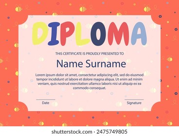 Colorful children certificate of achievement and appreciation template. Diploma template for kids.
